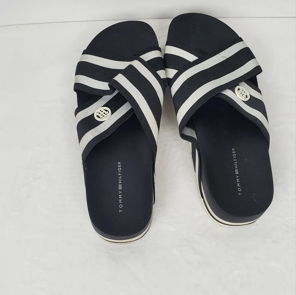Tommy Hilfiger Black and White Striped Sandals 7.5